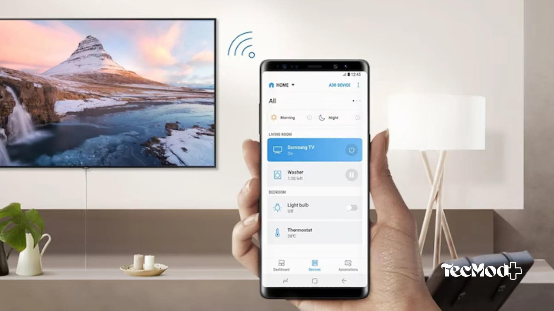 Função Smart View espelhando celular Galaxy em TV Samsung.