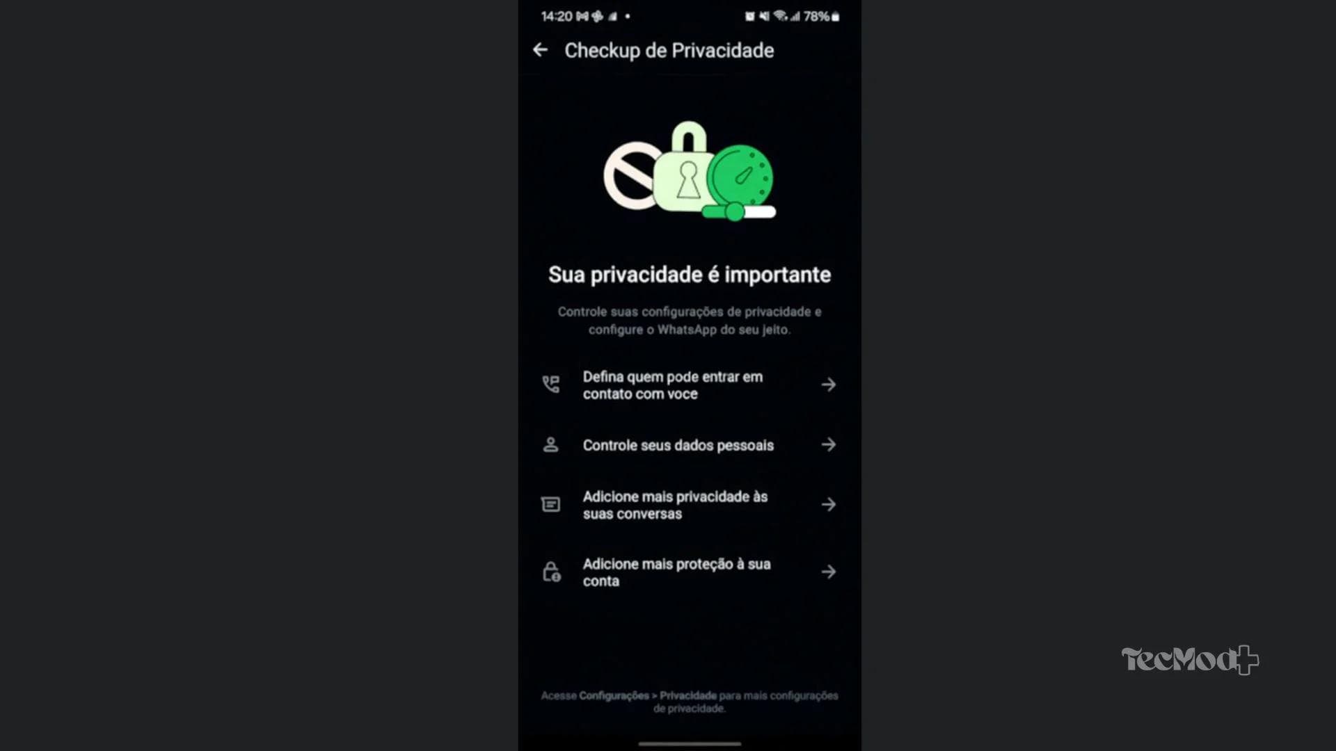 Tela de configurações de privacidade do WhatsApp para proteger conversas e Pix